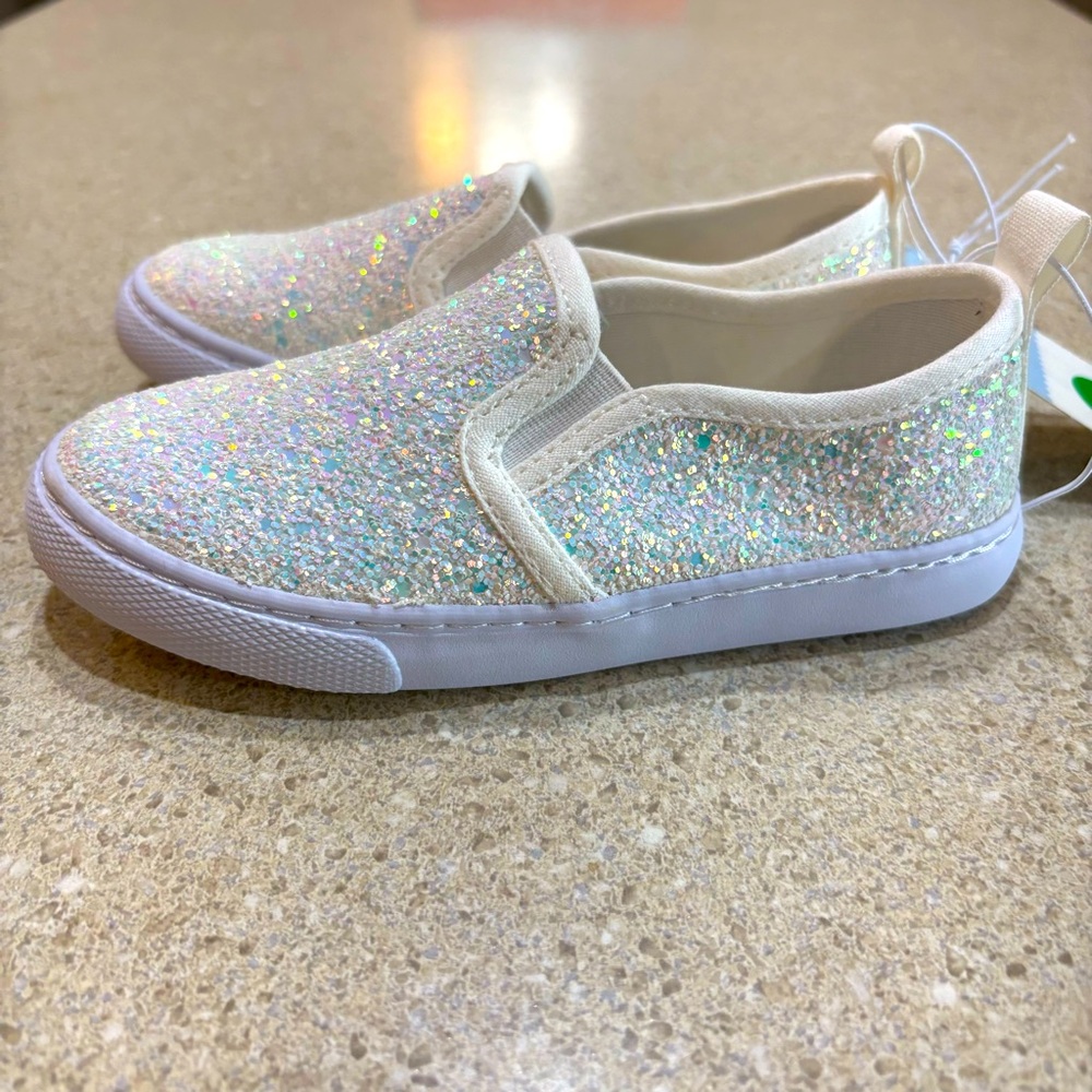 Cat & Jack Glittery White Slip-On Sneakers Girls Size 10 NWT Iridescent Sequins